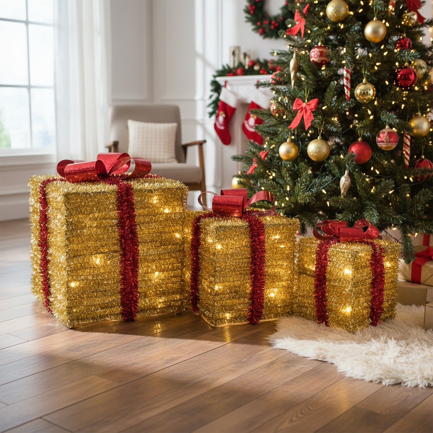 DICTROLUX - Set Pacchi Regalo Luminosi 51 LED Bianco Caldo Oro e Rosso